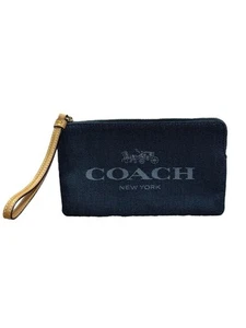 COACH Woven Denim Classic Logo Leather Strap Corner Zip Wristlet - Picture 1 of 7