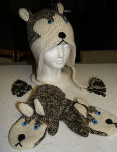 JUEGO DE SOMBRERO Y GUANTES HUSKY tejido ADULTO SIBERIANO trineo perro huskies FORRADO para hombre mujer - Imagen 1 de 5