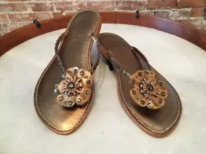 B Makowsky Kyra Bronze Leather Flower Flip Flop Thong Sandals New - Picture 1 of 3