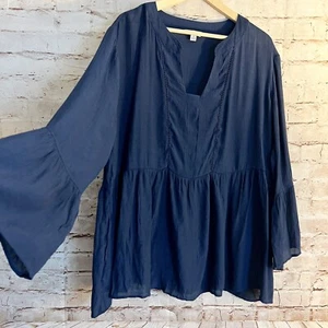 Counterparts Womens Plus Size Bell Sleeve Rayon Blouse Top Size 3X Navy Blue - Picture 1 of 6