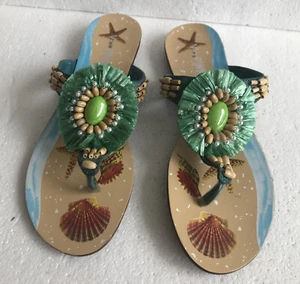 Via Pinky Collection Sandals YOYO Green Faux Stone & Beads  Faux Leather 8 - Picture 1 of 5