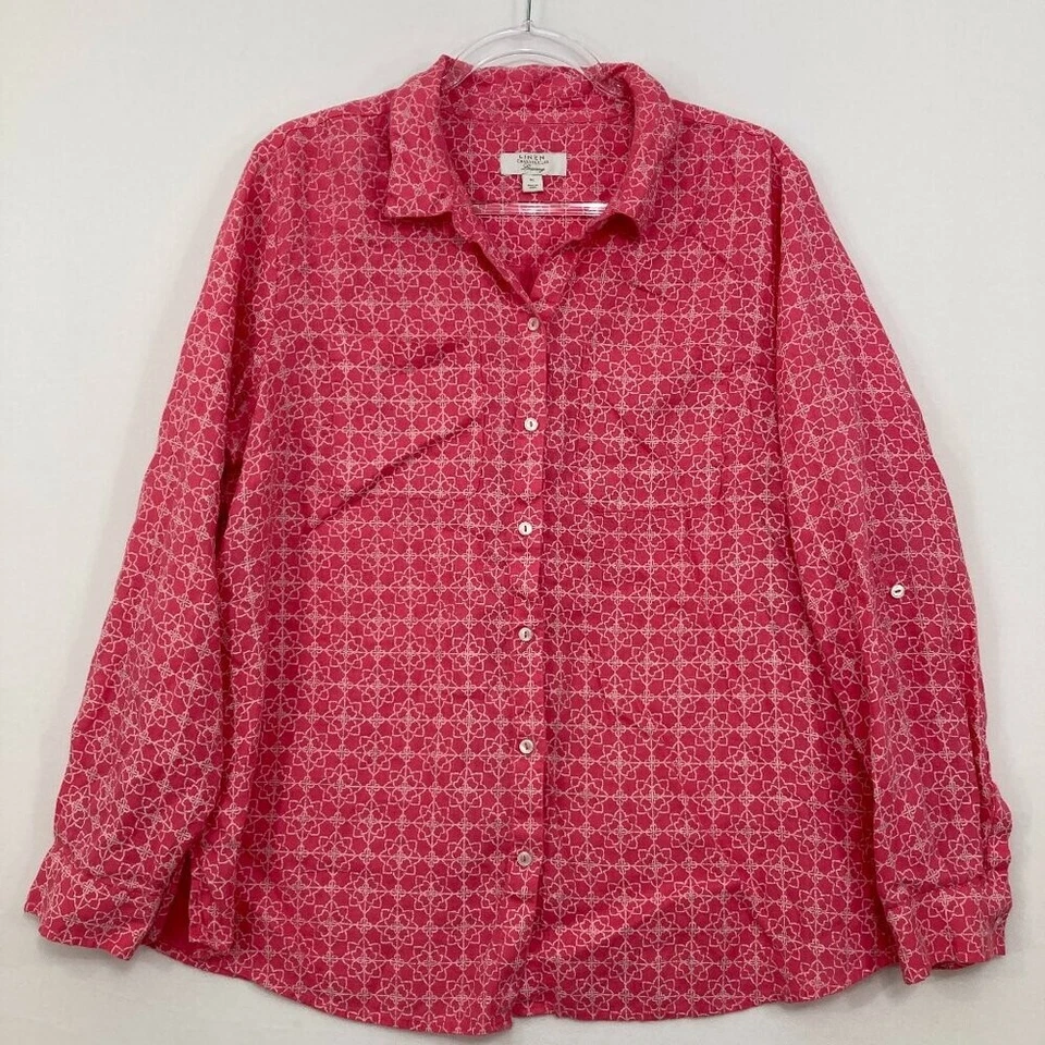 Charter Club talla XL rojo/rosa estampado geométrico 100 % lino abotonado Foto 1 de 4