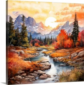 Montañas Árboles Río Pintura Paisaje Lienzo Envoltura 20 x 20 Arte de Pared - Imagen 1 de 3