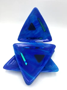 Triangle-shaped Iridescent Fused Glass Appetizer Plates Blue Abstract Design (4) - Picture 1 of 9