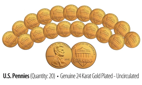 Lot of 20 - 2016 24K GOLD Plated US Uncirculated Genuine LINCOLN SHIELD PENNIES Cover