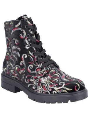 Rieker Z2841 Womens Black Floral Sequins Velvet Warm Lined Zip/Lace Up Boots - Image 1 of 4
