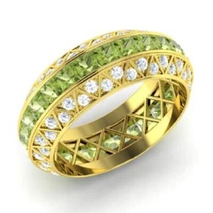 3.70 Ct Princess Cut Natural PeridotDiamond Ring Engagement 14K Yellow Gold - Picture 1 of 5