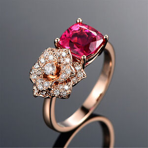 18K Rose Gold Filled Women Rose Red Crystal Flower Rings Men Rings J011