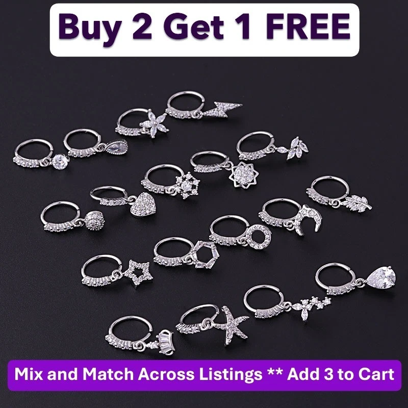 Anillo de nariz chapado en oro blanco con circonitas cúbicas * 18 estilos * Compre 2 y obtenga 1 GRATIS Foto 1 de 3