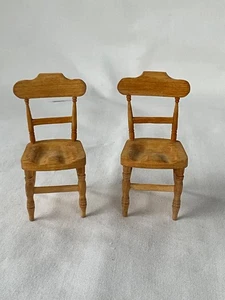 Miniature Dollhouse Pair of Light Wood Chairs Artisan's Mark on Bottom of Seats - Picture 1 of 9
