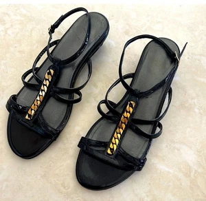 Stuart Weitzman Black Wedges Sandals Gold Chain 6.5 M - Picture 1 of 9