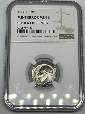 1980 P Philadelphia 10C Roosevelt Dime Mint Error Struck Off Center NGC MS66 - Image 1 of 4