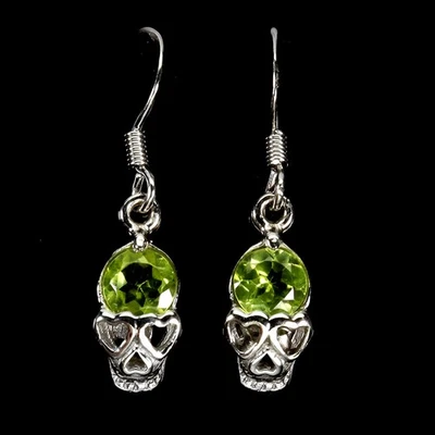 925 Sterling Silver Earrings Round Peridot 5mm Skull Natural Gemstone Jewelry - Image 1 of 4