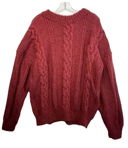 Hand Knitted Cable Knit Chunky Fisherman's Wool Blend Sweater Size Large Oxblood - Picture 1 of 7