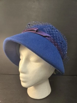 Sombrero de fieltro azul 100 % lana vintage "fieltro melocotón" por Henry Pollak, Inc. cinta y red Foto 1 de 4