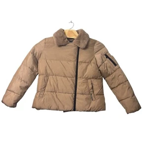 French Connection Short Faux Fur Puffer Coat Size Large Camel Color Pockets NWT - Picture 1 of 14