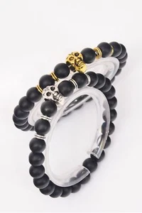 Skull Bracelet With 10mm Black Glass Beads Stretchable - Picture 1 of 2