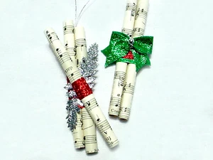 2 HANDMADE CHRISTMAS ORNAMENTS VINTAGE SHEET MUSIC RED GREEN GLITTER RIBBON OOAK - Picture 1 of 3