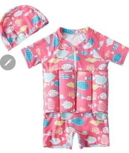 Toddler Girls Pink Fish Print Floating Swimsuit Set w/ Cap LG Zip Front 1-2 Yrs - Picture 1 of 7