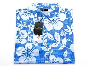 Yatta Golf Polo M Khakai Hawaiian Aloha Floral Blue White Stretch Polo NEW NWT - Picture 1 of 5