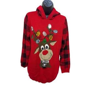 No Boundaries Kids, Adults XL Red Reindeer Hoodie Pull Over Christmas Sweater - Picture 1 of 9