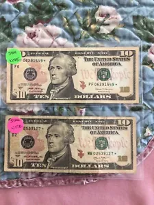 2-10 Dollar Bill Star Notes, circulated 2007A and 2013. 1 VF, 1 Good, see pics - Picture 1 of 2