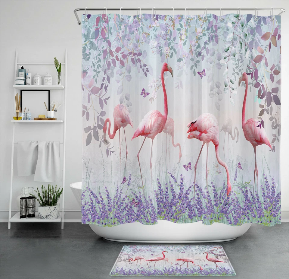 Pink Flamingo Purple Lavender Plant Butterfly Shower Curtain Set Bathroom Decor - Image 1 of 4