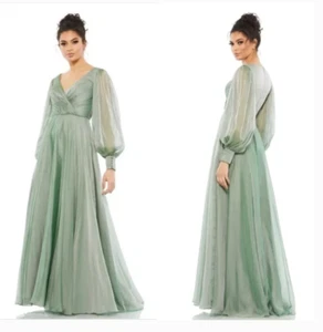 MAC DUGGAL 67873 SHEER BLOUSON SLEEVE SURPLICE SAGE CHIFFON GOWN  sz 18 - Picture 1 of 4