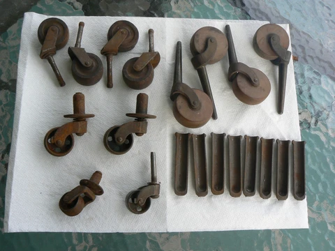 LOT OF 12 ANTIQUE Wood / Metal WHEELS CASTERS + Sliders STEAMPUNK Cover