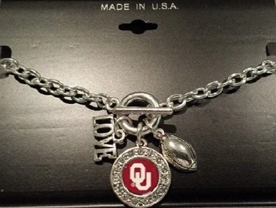 Oklahoma Sooners NCAA 3 Charm Bracelet , Love Football, Team Logo - Image 1 of 3
