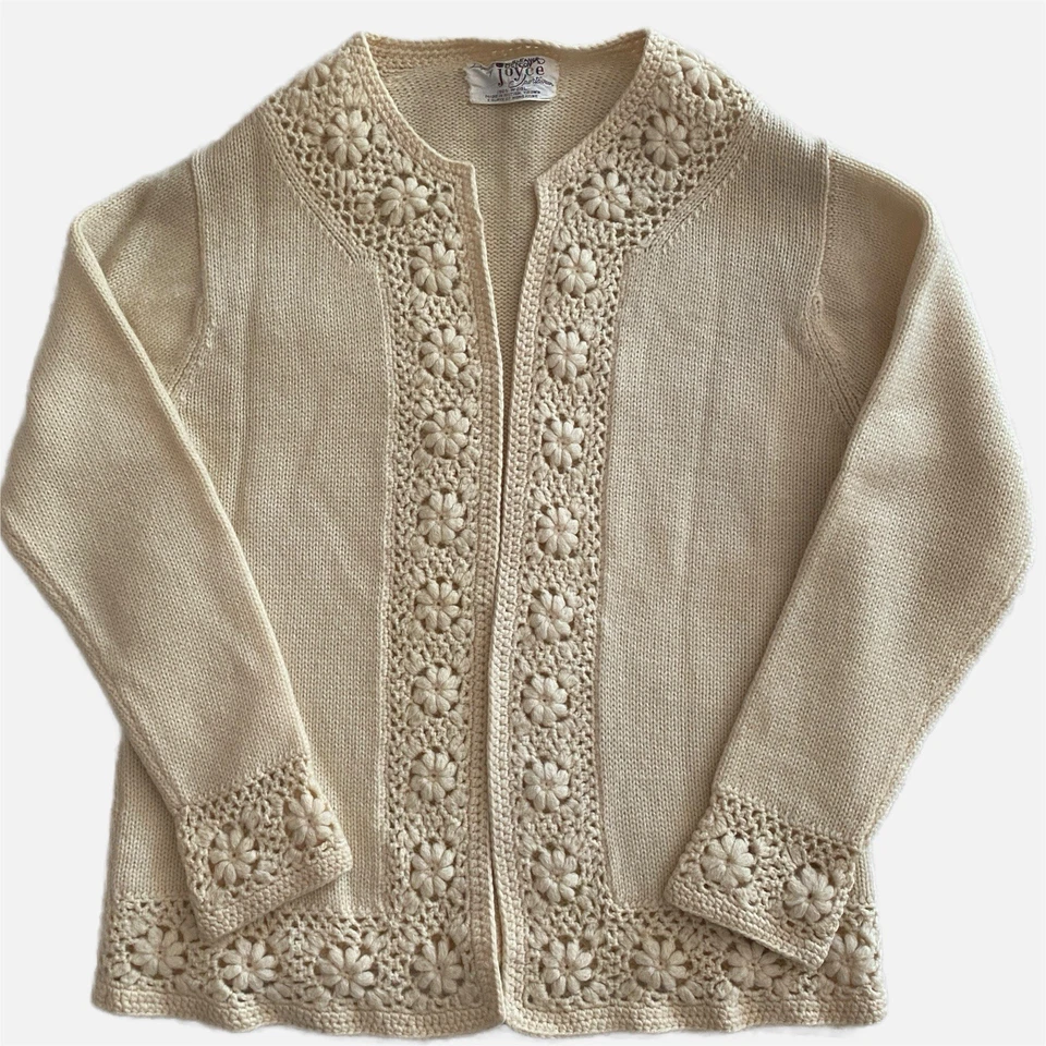 Vtg Joyce Sportswear Cardigan Sweater 100% Wool Women 34 Knit Crochet Hong Kong - Image 1 of 4