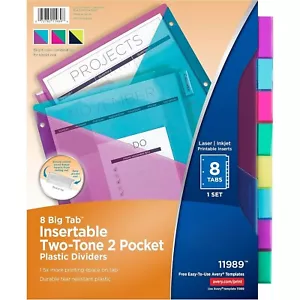 Big Tab Insertable Plastic 2 Pocket Dividers for 3 Ring Binders, 8 Tab Set - Picture 1 of 6