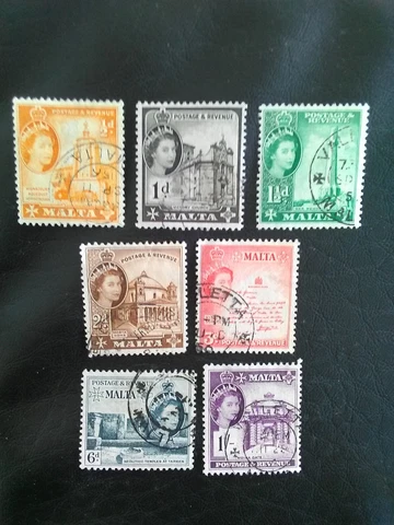 MALTA USED STAMPS 1956 QE11 DEFINITIVES 1/2, 1, 11/2, 2, 3, 6d, 1/- MULTI-COLOUR Cover