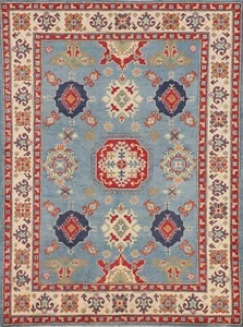 Tribal Traditional Geometric Super Kazak Handmade Light Blue Wool Area Rug 5'x7' - Picture 1 of 12