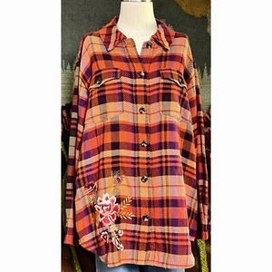 Johnny Was Ananke Plaid Embroidered Shirt Jacket Shacket XL - Picture 1 of 15