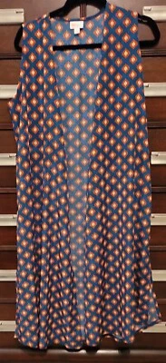 LULAROE JOY Sz Medium NAVY BLUE ORANGE BEIGE OPEN FLOWING LONG VEST DUSTER-NWT! - Image 1 of 4