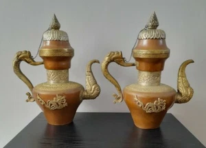 Antique Chinese Tibetan Copper & Brass Ceremonial Tea Pots - Picture 1 of 12