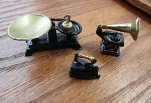 Vintage Dollhouse Miniature Black Brass Tone Metal Scale Phonograph Sad Iron GUC - Picture 1 of 22