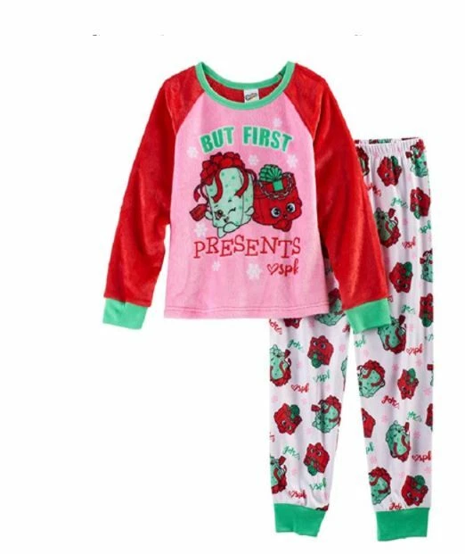 Shopkins Christmas Holiday Pajama Set Girls  Fleece 'But First Presents' - Image 1 of 1