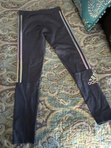 Adidas Girls Youth 14 Large Gray Pink/Pastel Elastic Waist Stretch Leggings  - Picture 1 of 3
