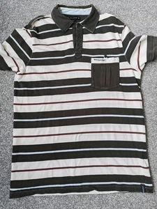 Rockport Polo Shirt Brown Cream and Blue Stripes Short Sleeve Men's Size L - Picture 1 of 7