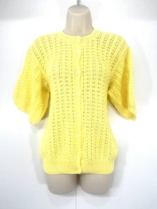 HAND KNITTED Soft Thin Knit Retro Style Yellow Short Sleeve Cardigan UK 16 18 L - Picture 1 of 3