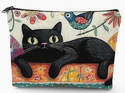 Bolsa de viagem cosmética/viagem, encantadora bolsa de viagem de lona preta para gatos e pássaros - com zíper - Imagem 1 de 2