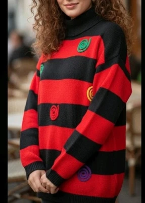 Suéter Gitano feminino vintage malha redemoinho detalhes gola alta preto e vermelho grande. - Imagem 1 de 4