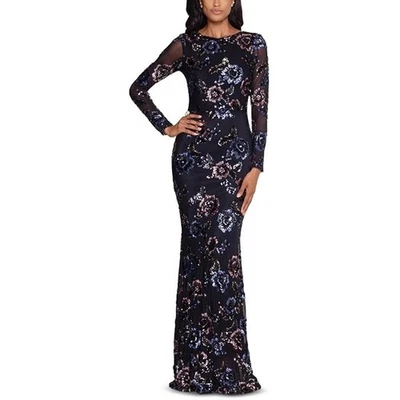 Betsy & Adam Womens 6 Black Floral Sequin Sheath Gown Dress Long Sleeve OS15-11 - Image 1 of 4