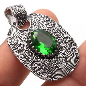 Peridot Sterling Silver Plated Vintage Style Pendant Size 1.7" Jewelry T8323