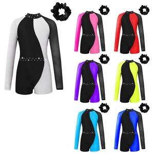 Girls Outfits Kids Dancewear Zipper Back Dance Set Gymnastics Jumpsuit Shiny - Picture 1 of 54