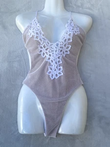 Women's Blue Life Eclipse Mesh Cream/Nude One Piece Lace Trim Swimsuit Boho Med - Picture 1 of 12