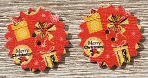 2 Merry Christmas Present Sewing Buttons Crafting Wood Flat 2 Hole 7/8" - Picture 1 of 2