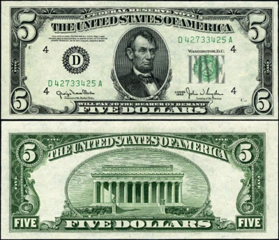 FR. 1961 D $5 1950 Federal Reserve Note Cleveland D-A Block Wide 2 Gem CU - Image 1 of 3